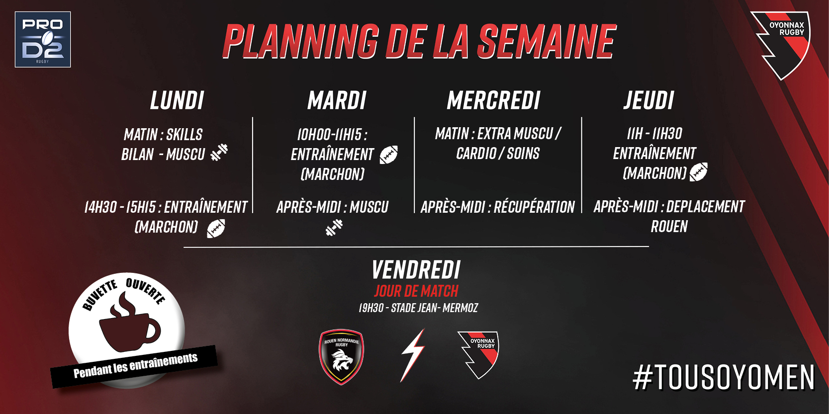 Planning de la semaine J8 OYONNAX RUGBY